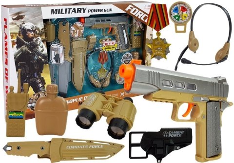 Zestaw Wojskowy z Akcesoriami Pistolet Nóż Lornetka Słuchawki Gwizdek Krótkofalówka Jasnozielony LEAN Toys