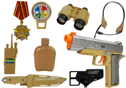 Zestaw Wojskowy z Akcesoriami Pistolet Nóż Lornetka Słuchawki Gwizdek Krótkofalówka Jasnozielony LEAN Toys