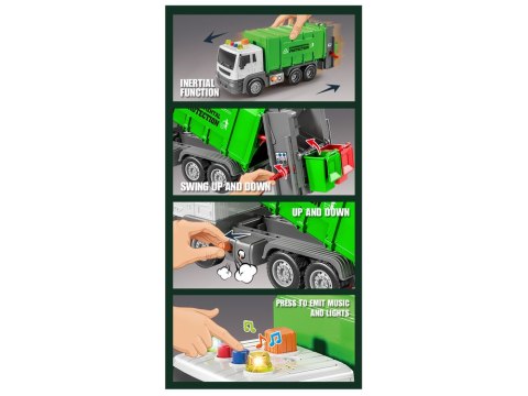 Śmieciarka Napęd Frykcyjnym Efekty Dźwiękowe Zielona 1:16 Segregowanie LEAN Toys