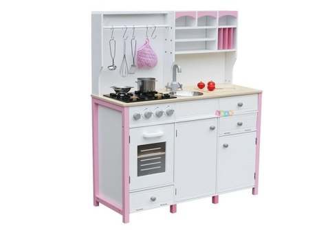 Drewniana Kuchnia Dla Dzieci Różowo Biała Paula Otwierane Elementy LEAN Toys