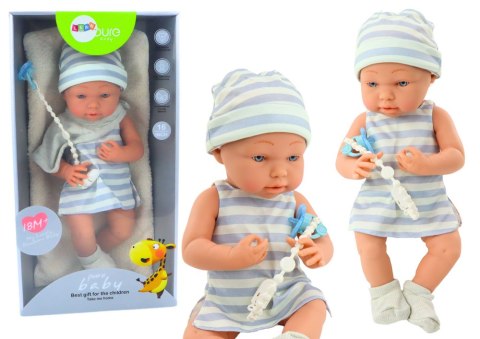 Lalka Bobas w Biało-Niebieskim Ubranku Czapeczka Smoczek Śliniaczek Kołderka LEAN Toys