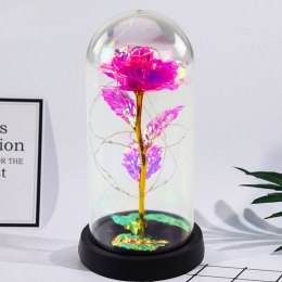 Wieczna Kryształowa Róża w Kopule z Oświetleniem LED Różowa 21x11cm LEAN