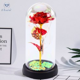 Wieczna Róża W Szle Kryształowa Oświetlenie LED Motylek Czerwona 21x11cm LEAN