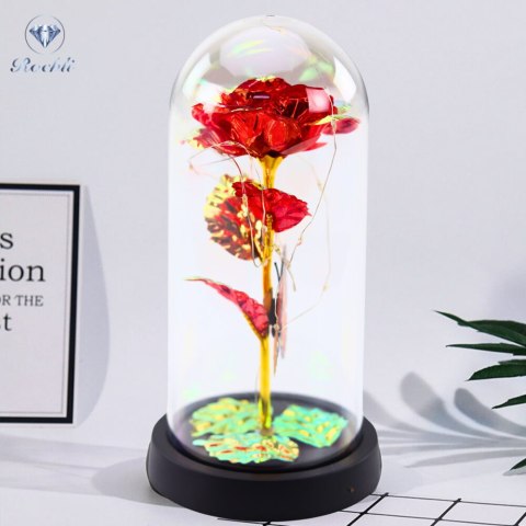 Wieczna Róża W Szle Kryształowa Oświetlenie LED Motylek Czerwona 21x11cm LEAN