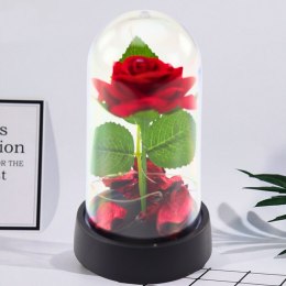 Wieczna Róża w Kopule z Oświetleniem LED Czerwona z Płatkami Róż 14x8cm LEAN