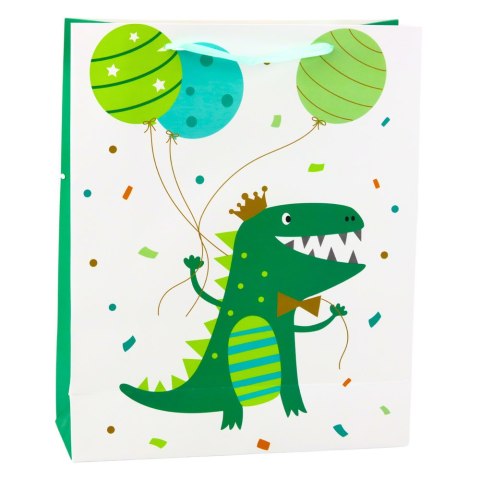 Torba Prezentowa Dinozaur Z Balonami Biało Zielona 32 x 26 x 10cm LEAN