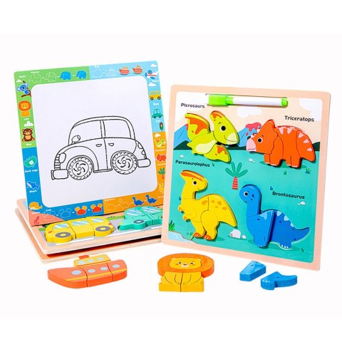 Układanka Tablica 2w1 Drewniana Edukacyjna Dinozaury Pisak LEAN TOYS