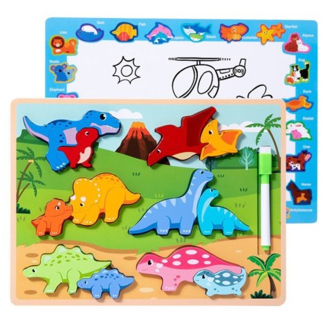 Układanka Tablica 2w1 Drewniana Edukacyjna Pisak Dinozaury 12el LEAN Toys