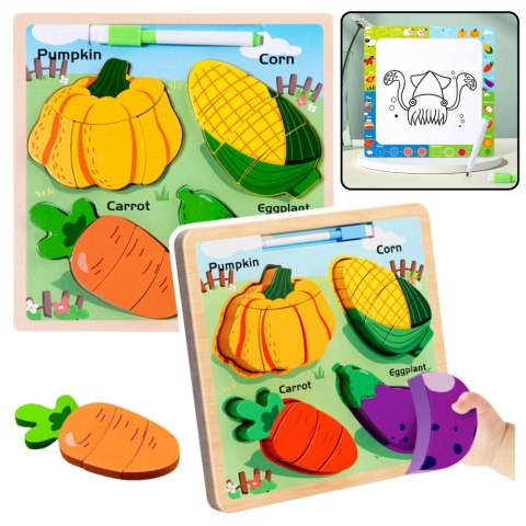 Układanka Tablica 2w1 Drewniana Edukacyjna Warzywa Pisak LEAN TOYS