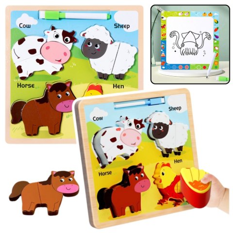Układanka Tablica 2w1 Drewniana Edukacyjna Zwierzęta Domowe Pisak LEAN TOYS