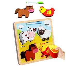 Układanka Tablica 2w1 Drewniana Edukacyjna Zwierzęta Domowe Pisak LEAN TOYS