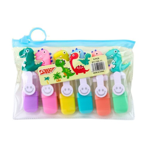 Zestaw Mini Zakreślacze Z Dinozaurem W Etui Kolorowe 6szt 8cm LEAN