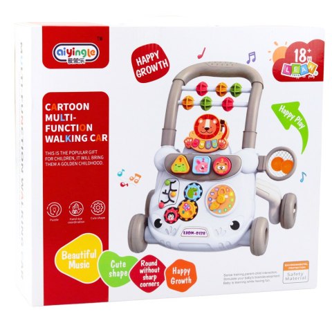 Chodzik Edukacyjny Interaktywny Pchacz Klocki Zegar Koła Zębate Szary LEAN Toys
