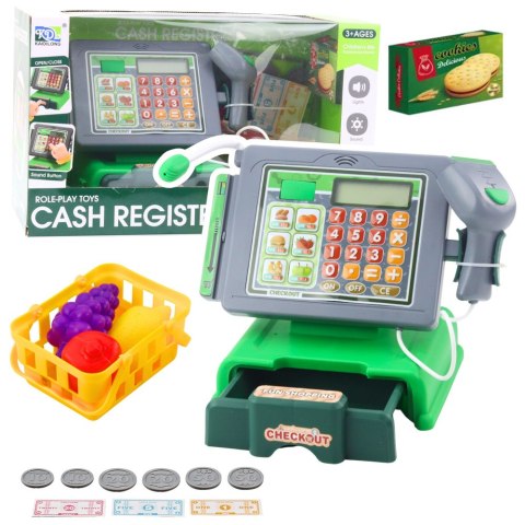 Kasa Sklepowa Dla Dzieci Akcesoria Koszyk Owoce Światła Dźwięki Zielona LEAN Toys