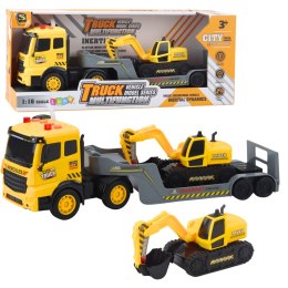Ciężarówka Laweta Z Koparką Gąsienicową Obrotowa 360° Żółta 1:16 LEAN Toys