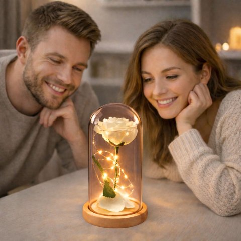 Wieczna Róża W Szkle Kopuła Oświetlenie LED Biała 21x11cm LEAN