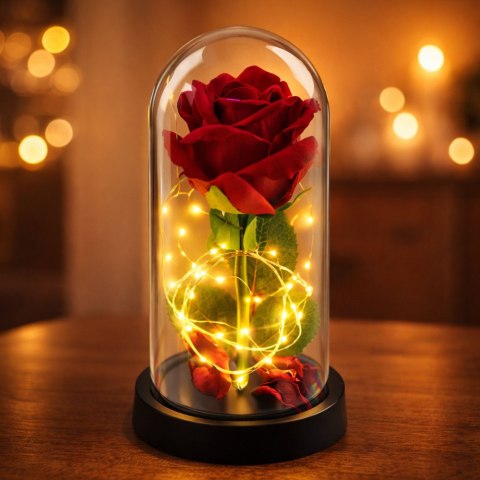 Wieczna Róża w Kopule z Oświetleniem LED Czerwona 21x11cm LEAN