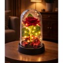 Wieczna Róża w Kopule z Oświetleniem LED Czerwona z Płatkami Róż 14x8cm LEAN