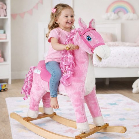 Koń Na Biegunach Dźwięki Rusza Pyskiem Ogonem Różowy 74 cm LEAN Toys