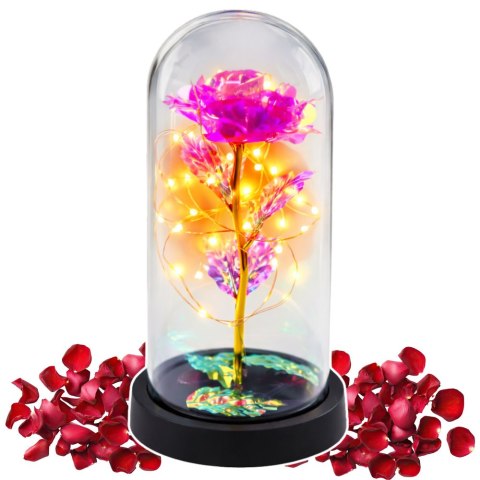 Wieczna Kryształowa Róża w Kopule z Oświetleniem LED Różowa 21x11cm LEAN