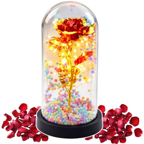 Wieczna Róża W Kopule Kryształowa Oświetlenie LED Kuleczki Czerwona 21x11cm LEAN
