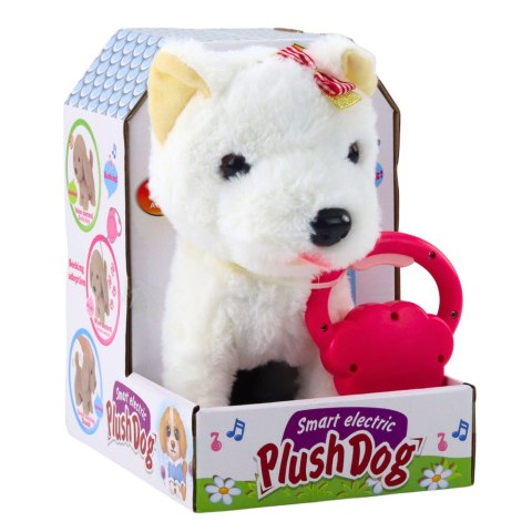 Interaktywny Piesek Z Kokardkami Na Smyczy Chodzi Szczeka Biały LEAN Toys