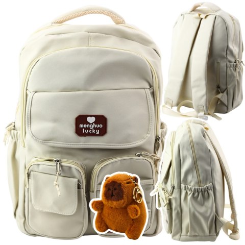 Plecak Miejski Szkolny Kapibara Brelok Przypinki Beżowy Kremowy 25L 42cm LEAN