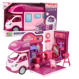 Rozkładany Kamper Dla Lalek Garderoba Akcesoria Różowy 42 el. LEAN Toys