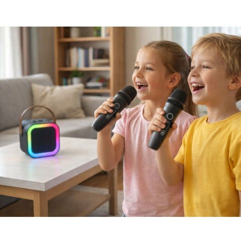 Zestaw Do Karaoke Głośnik Dwa Mikrofony Światła LED Czarny LEAN