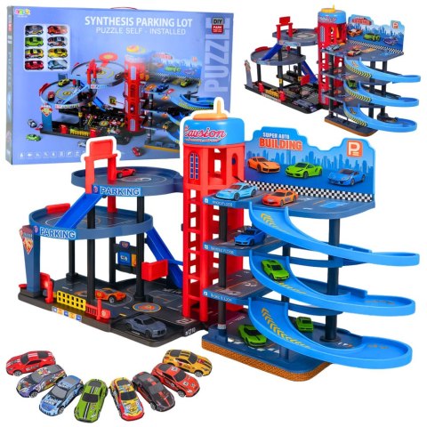 Parking Z Autkami Tor 4 Poziomowy 8 Metalowych Pojazdów Naklejki LEAN Toys