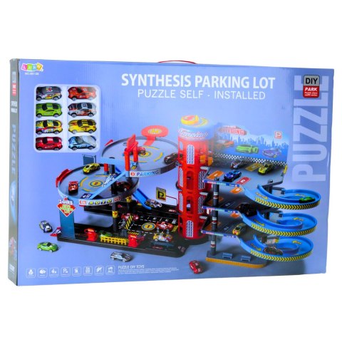 Parking Z Autkami Tor 4 Poziomowy 8 Metalowych Pojazdów Naklejki LEAN Toys