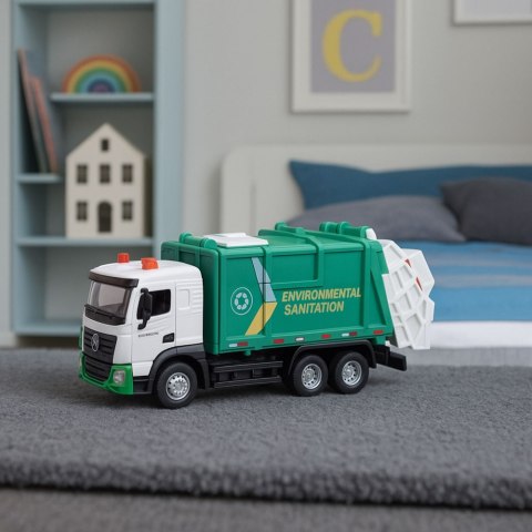 Śmieciarka Dla Dzieci Metalowa Kabina Kosz Światła Dźwięki Zielona LEAN Toys