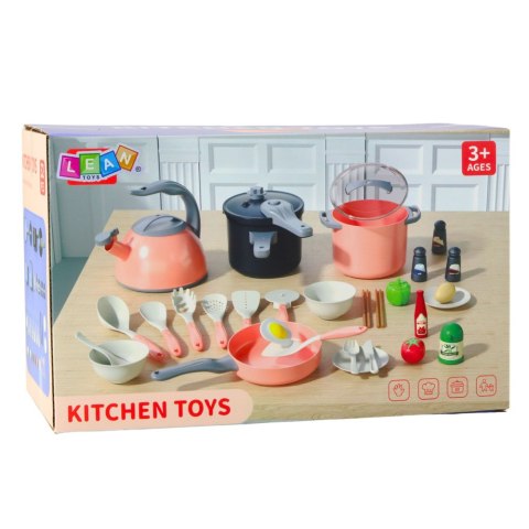 Zestaw Kuchenny Garnki Akcesoria Do Gotowania Jedzenie Różowe 32 el. LEAN Toys