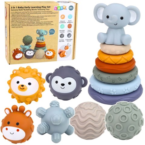 Zestaw Klocki Sensoryczne Gumowe Dla Niemowląt 3w1 Piłeczki Wieża LEAN Toys