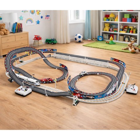Ogromny Tor Wyścigowy Kolejka Elektryczna 2w1 Wyścigi 20 km/h LEAN Toys
