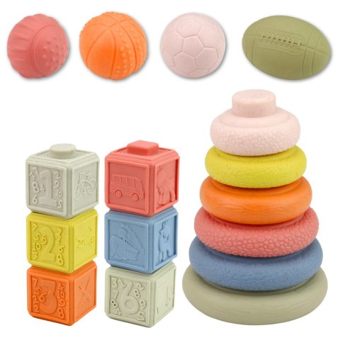 Zestaw Miękkie Zabawki Sensoryczne Piłeczki Piramidka Klocki 18 el. LEAN Toys