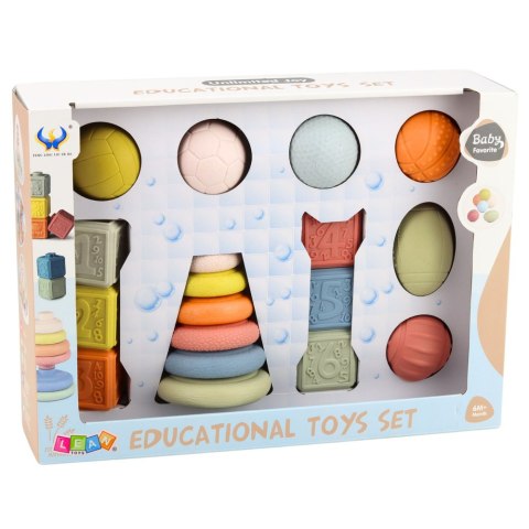 Zestaw Miękkie Zabawki Sensoryczne Piłeczki Piramidka Klocki 18 el. LEAN Toys