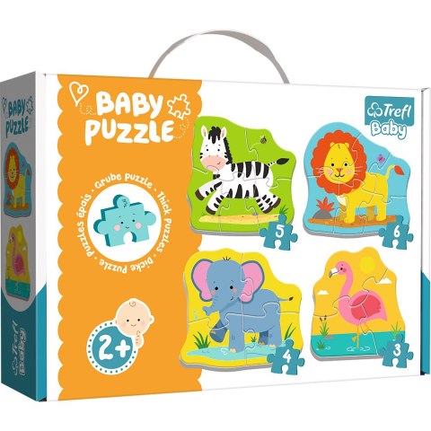 Puzzle - Baby Classic - Zwierzątka na safari - Zebra Lew Słoń Flaming - Trefl 36073 Trefl Puzzle