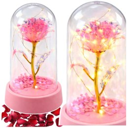 Wieczna Róża Kryształowa w Kopule z Oświetleniem LED Różowa 14x8cm LEAN