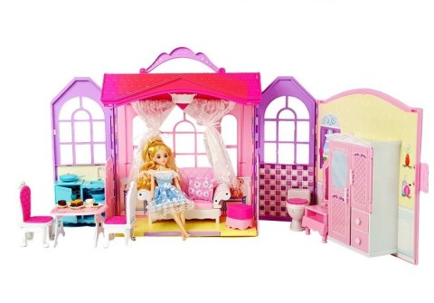 Rozkładany Domek dla Lalek Lalka Blondynka z Akcesoriami Kuchnia Toaleta Sypialnia w Walizce LEAN Toys